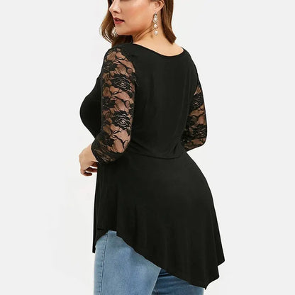 Plus Size Floral Lace Hollow Out Sexy Tunic Blouse Shirt Women Spring Autumn Big Size Tops Ruffles Irregular Blusas.