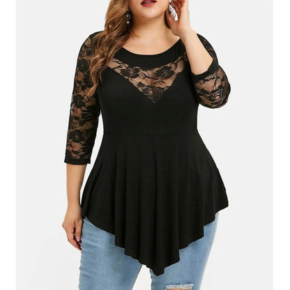 Plus Size Floral Lace Hollow Out Sexy Tunic Blouse Shirt Women Spring Autumn Big Size Tops Ruffles Irregular Blusas.