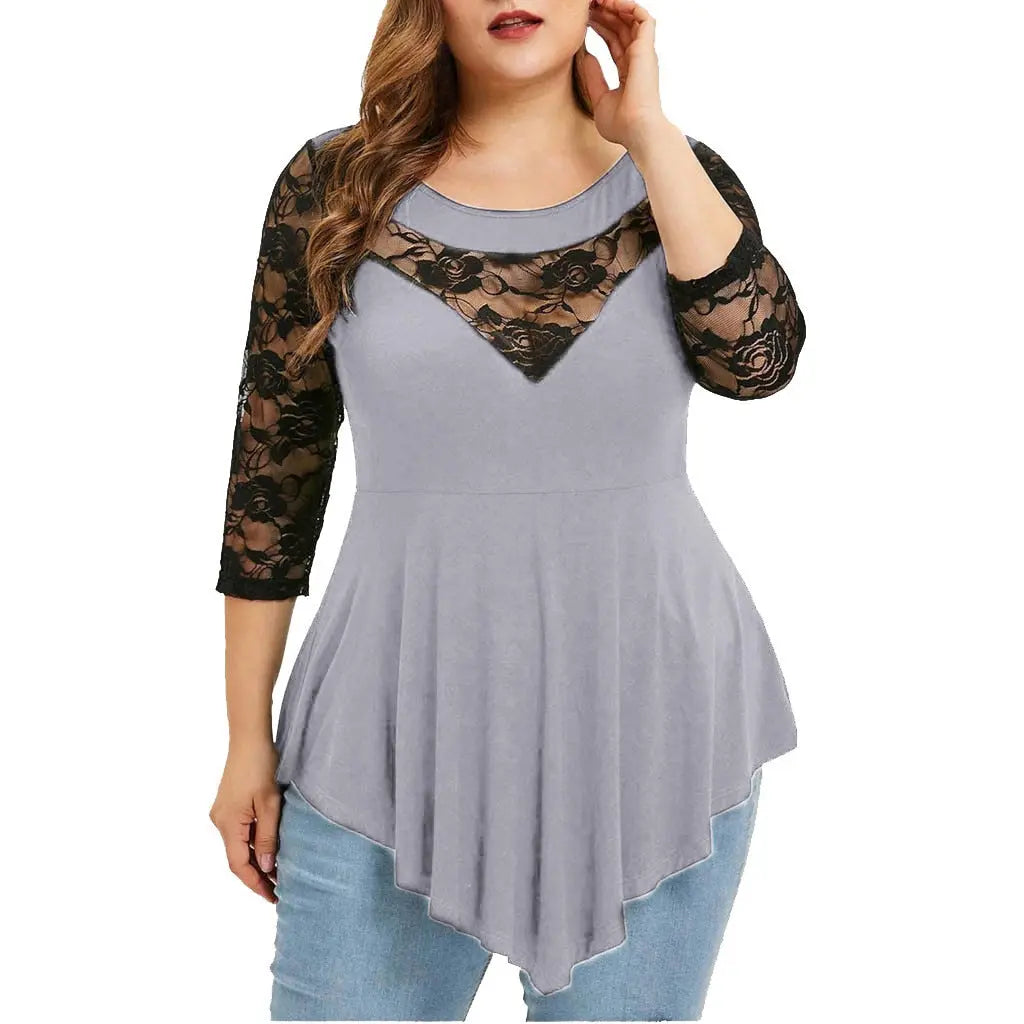 Plus Size Floral Lace Hollow Out Sexy Tunic Blouse Shirt Women Spring Autumn Big Size Tops Ruffles Irregular Blusas.