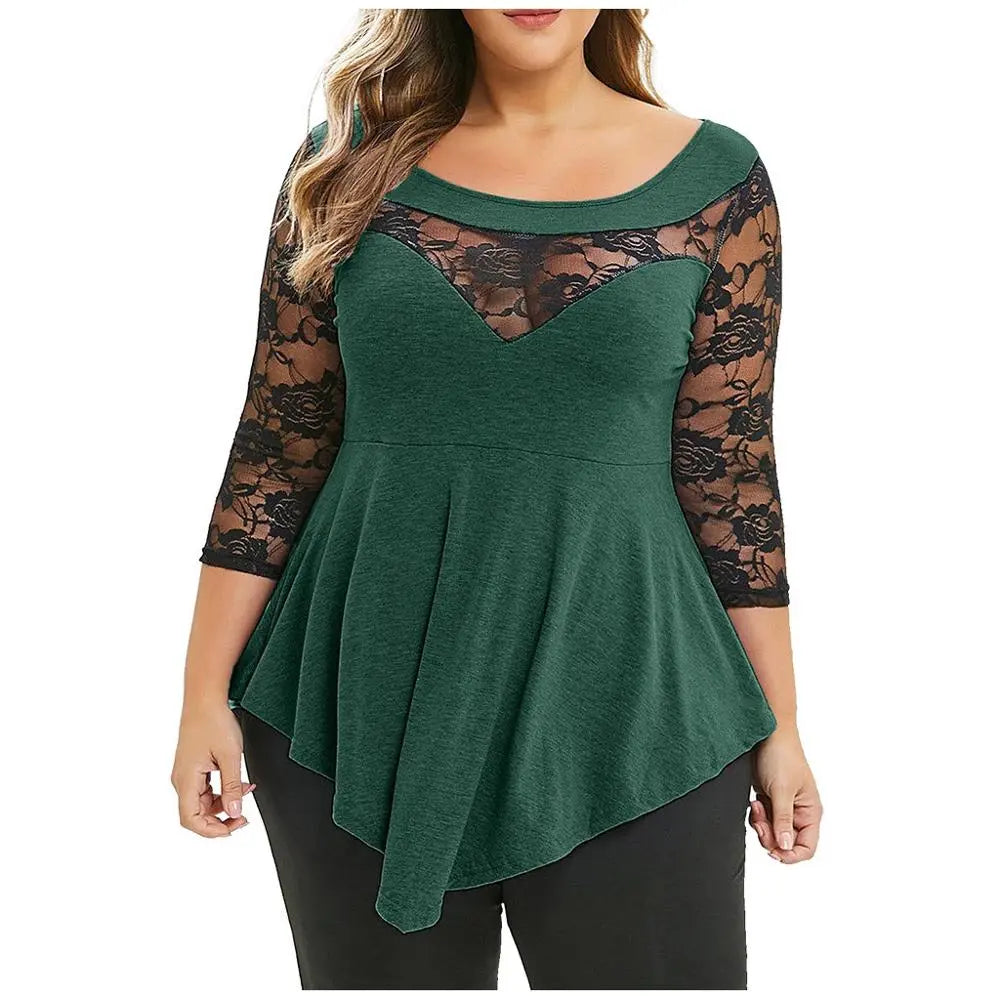 Plus Size Floral Lace Hollow Out Sexy Tunic Blouse Shirt Women Spring Autumn Big Size Tops Ruffles Irregular Blusas.