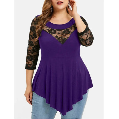 Plus Size Floral Lace Hollow Out Sexy Tunic Blouse Shirt Women Spring Autumn Big Size Tops Ruffles Irregular Blusas.