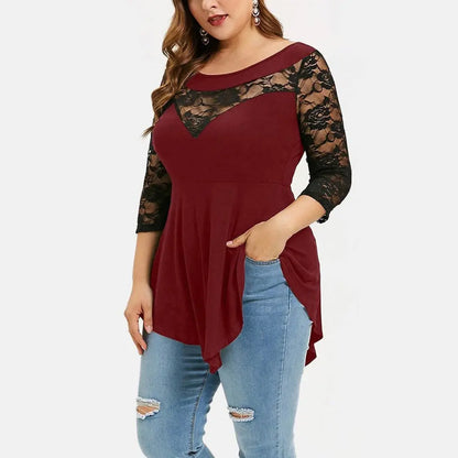 Plus Size Floral Lace Hollow Out Sexy Tunic Blouse Shirt Women Spring Autumn Big Size Tops Ruffles Irregular Blusas.