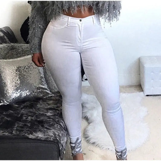 Plus Size High Waist Stretchy Skinny White Basic Casual Jeans Distressed Bodycon Pencil Denim Pants Lady Indie Trousers Jean.