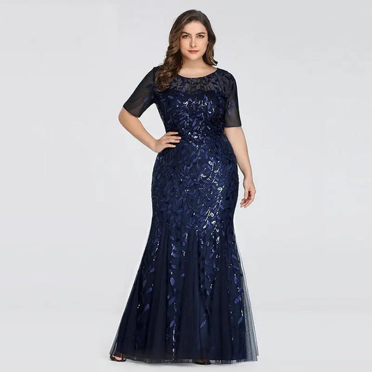 Plus Size Sequin Mesh Mermaid Slim Evening Dress Beaded Leaves Pattern Formal  Women Elegant Party Prom Gowns Short Sleeve.