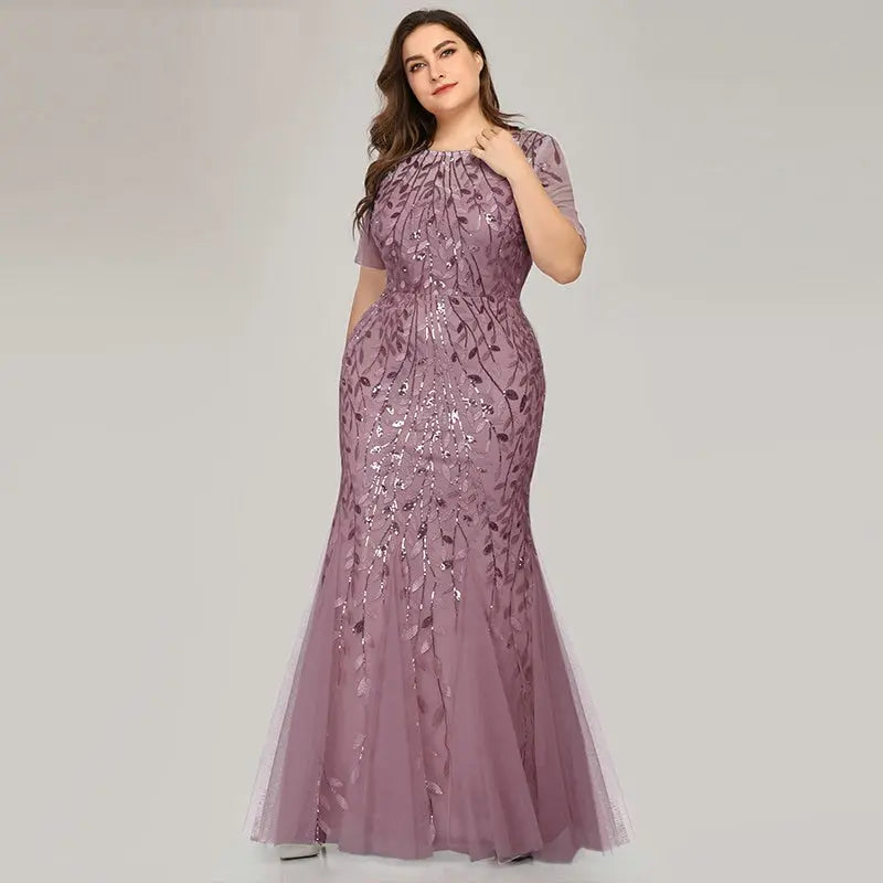 Plus Size Sequin Mesh Mermaid Slim Evening Dress Beaded Leaves Pattern Formal  Women Elegant Party Prom Gowns Short Sleeve.