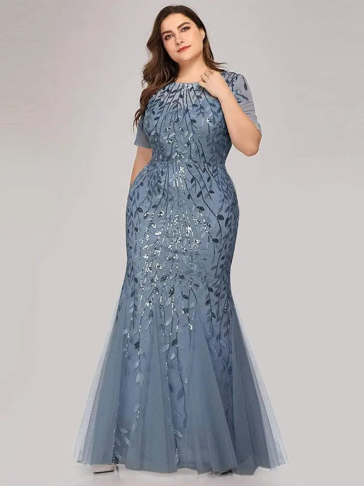 Plus Size Sequin Mesh Mermaid Slim Evening Dress Beaded Leaves Pattern Formal  Women Elegant Party Prom Gowns Short Sleeve.