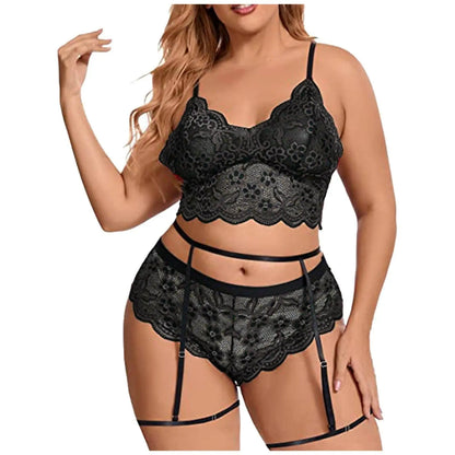 Plus Size Women Sexy Lingerie Set Embroidery Lace Bra And Thongs Underwear Set Perspective Mesh Floral Erotic Lingerie S.