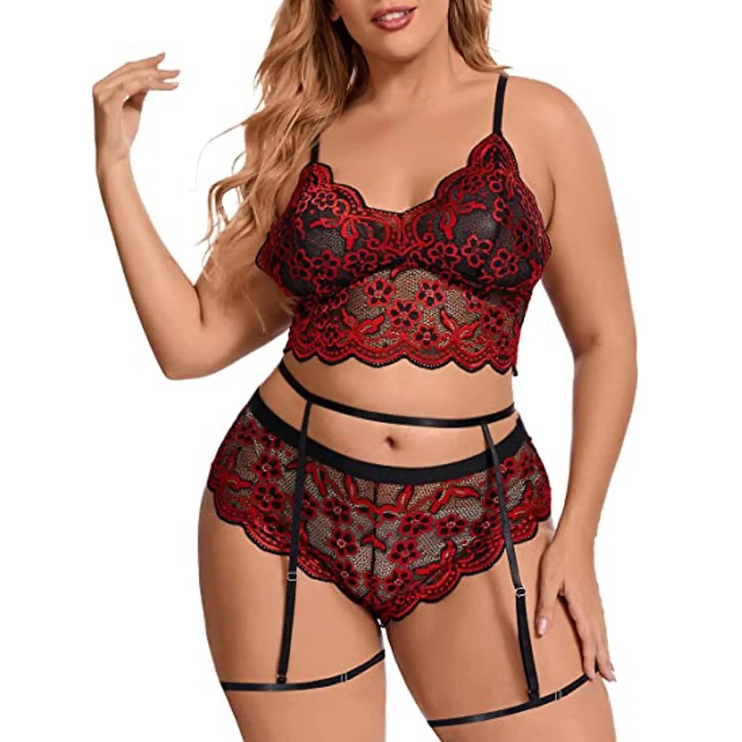 Plus Size Women Sexy Lingerie Set Embroidery Lace Bra And Thongs Underwear Set Perspective Mesh Floral Erotic Lingerie S.