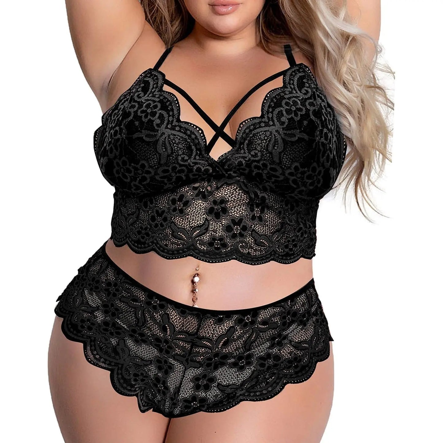 Plus Size Women Sexy Lingerie Set Embroidery Lace Bra And Thongs Underwear Set Perspective Mesh Floral Erotic Lingerie S.