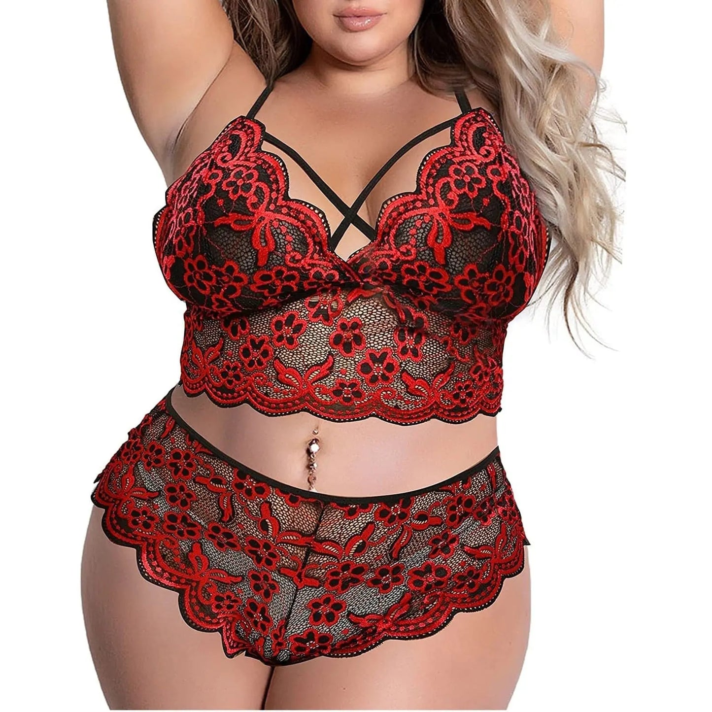 Plus Size Women Sexy Lingerie Set Embroidery Lace Bra And Thongs Underwear Set Perspective Mesh Floral Erotic Lingerie S.