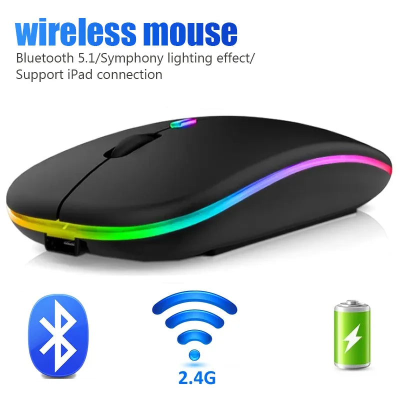 Rechargeable Wireless Bluetooth Mouse with RGB LED Backlit - Silent & Ergonomic Design for Laptop and PC Gaming