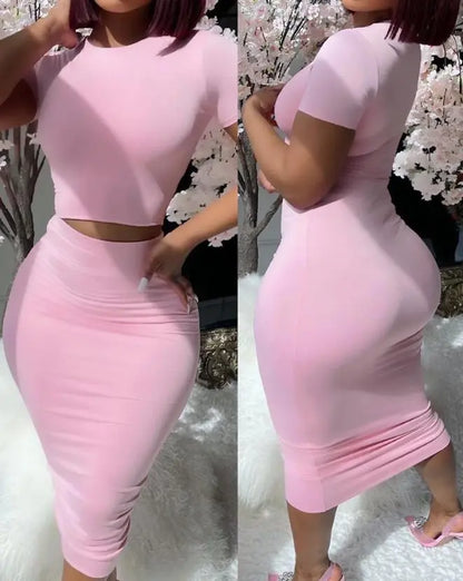 Womens Two Piece Sets Elegant Sexy Outfit Short Sleeve Top & High Waist Skirt Set New Fashion 2023 Summer Casual Female Suit