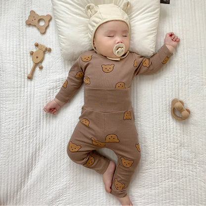 Cute Cartoon Baby Autumn Clothes- Little Bear Print Two-piece Pajamas Set, O-neck Tops + Trousers, Boy/Girl, Loose Fit, Cotton, 2pcs