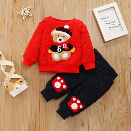 2PCS Casual Children's Clothing - 2023 New Baby Boys and Girls Bear Embroidered Wool Top + Footprint Pattern Pants
