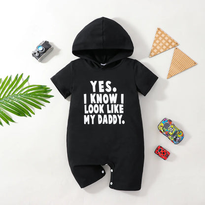 Baby Boys Casual Short Sleeve Hooded Romper Jumpsuit with "Look Like My Daddy"