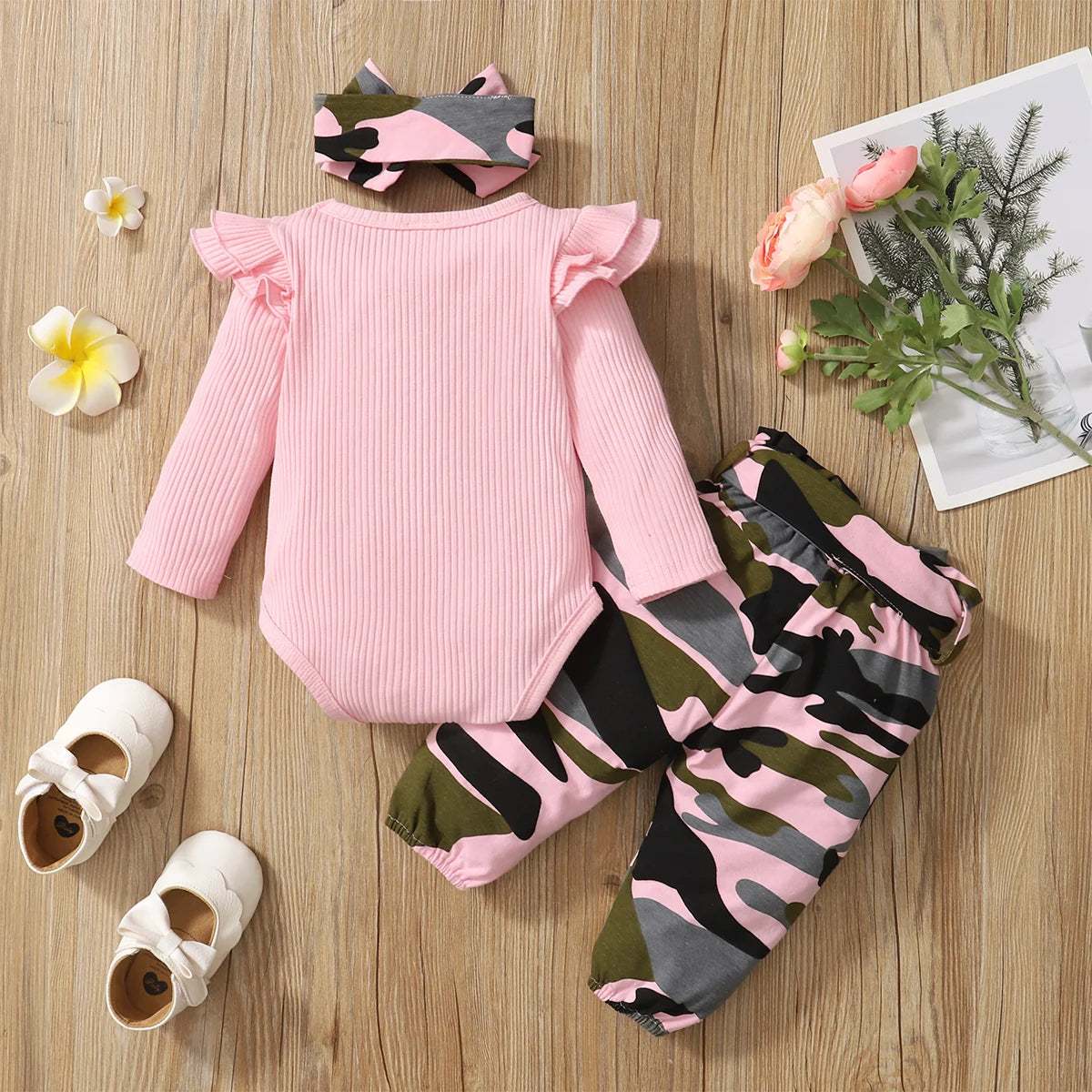 Newborn Baby Girl Clothes Set | Long Sleeve Bodysuit + Camouflage Pants + Headband | Cotton Clothing Suit | Ages 0-18 Months