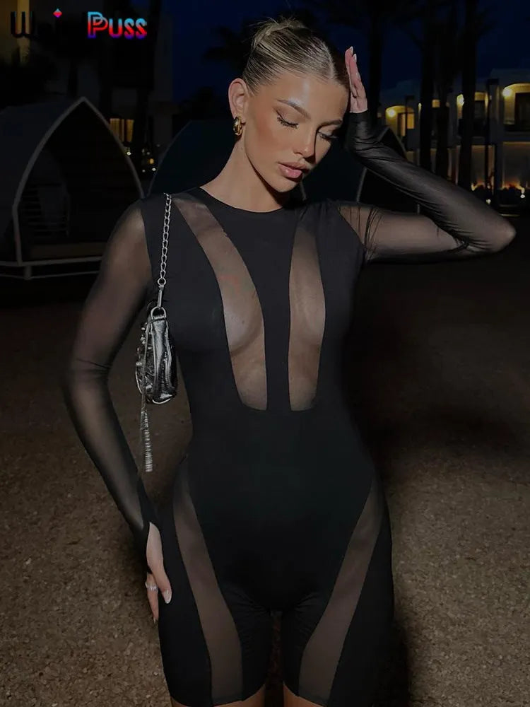 Sheer Mesh Women's Romper - Sexy Bodycon One Piece with Full Sleeves - 2023 Summer Trend - Club, Streetwear, Rave Outfit