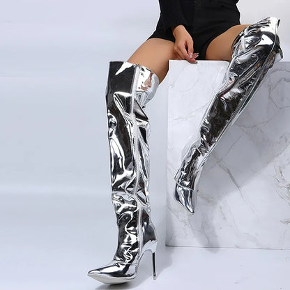 Silver Mirror Platform Over-the-Knee Women's Boots with Thin High Heels - Autumn/Winter Fashion Trend, Zipper Closure - Ideal for Casual Parties