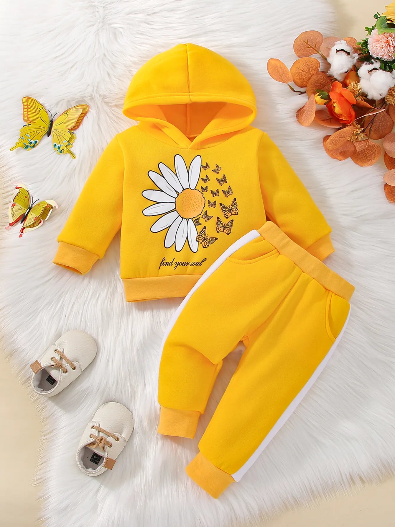 2Pcs Winter Sets For Baby Girls Flowers Print Long Sleeve Hooded Top And Long Pants Infant Newborn  Outfits 0-24M