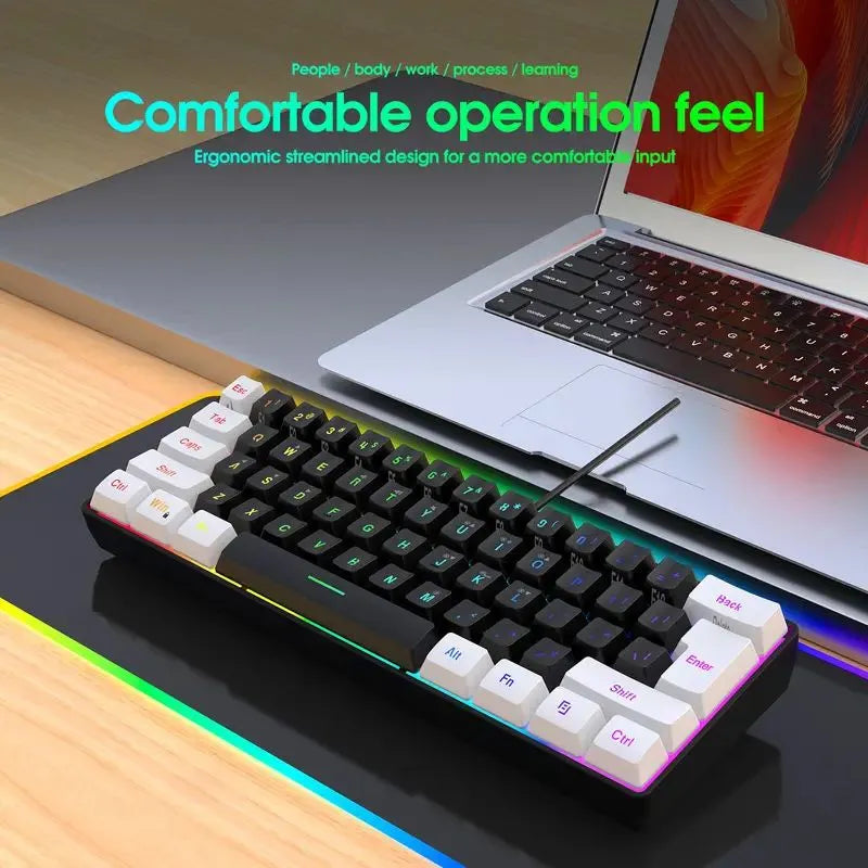 Mini Gaming Keyboard - Wired, Ultra-Compact with RGB Backlight and Waterproof Design - 61 Keys for PC/Mac Gamers