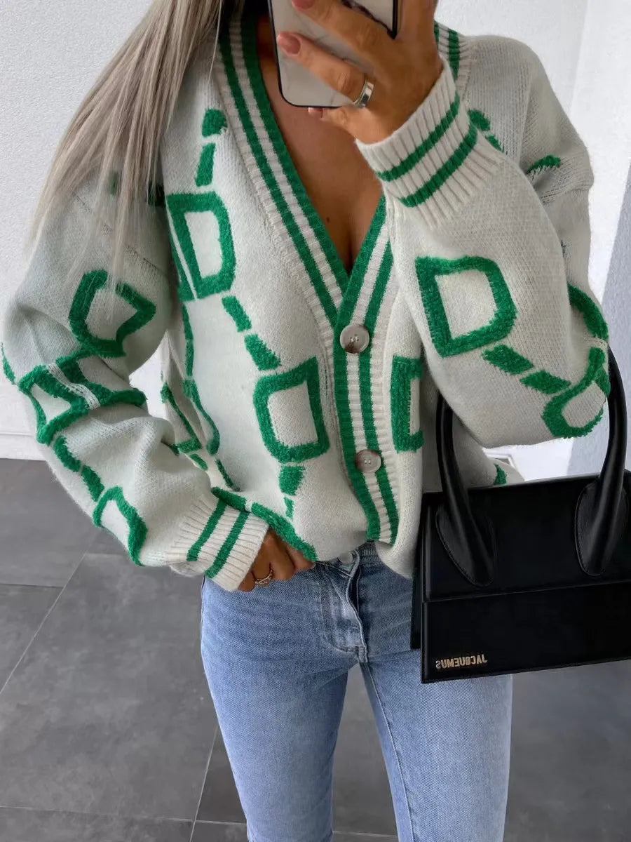 Women's 2023 Autumn Winter Knitted V-Neck Cardigan - Long Sleeve Loose Fit - Thick Warm Sweater - Green Casual Print