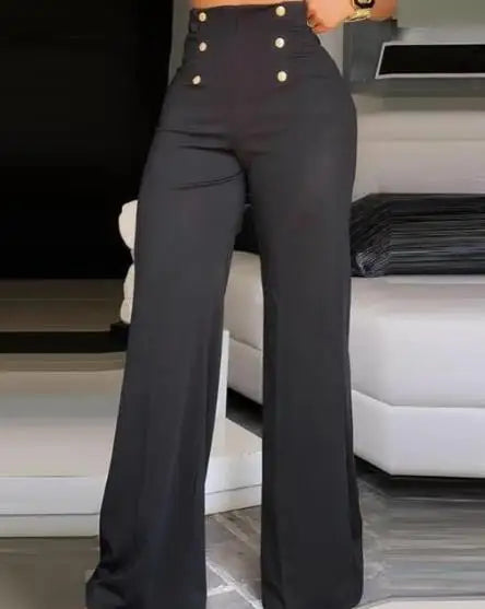 Stylish high-waisted wide-leg pants with button decoration for women, perfect for summer fashion and streetwear