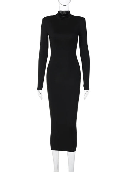 Women's Turtleneck Long Sleeve Bodycon Maxi Dress - Fashion - Black - Casual Streetwear and Halloween Costume