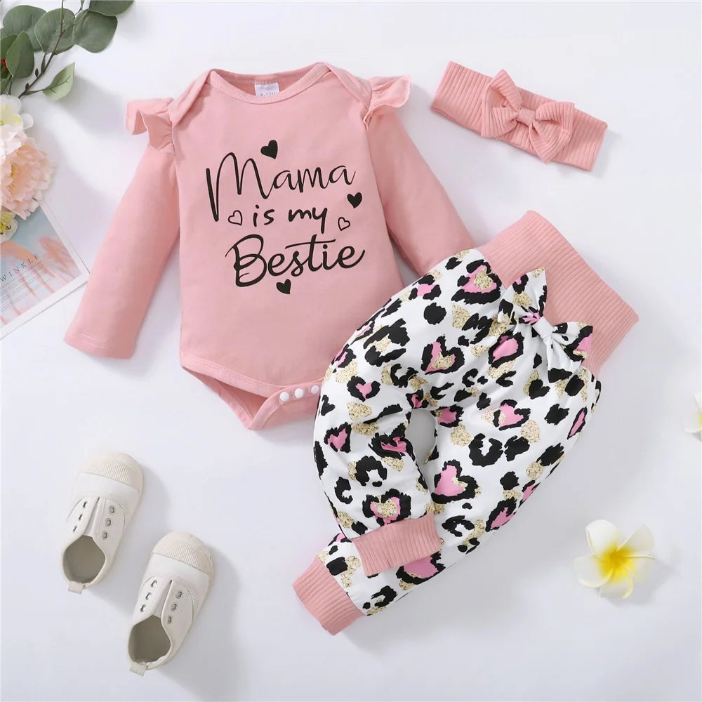 Clothes Set with Mama Print Romper Top, Love Heart Print Pant, and Headband - Cute Autumn Outfit