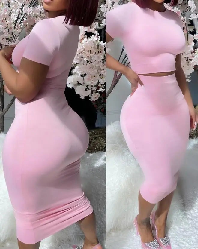 Womens Two Piece Sets Elegant Sexy Outfit Short Sleeve Top & High Waist Skirt Set New Fashion 2023 Summer Casual Female Suit