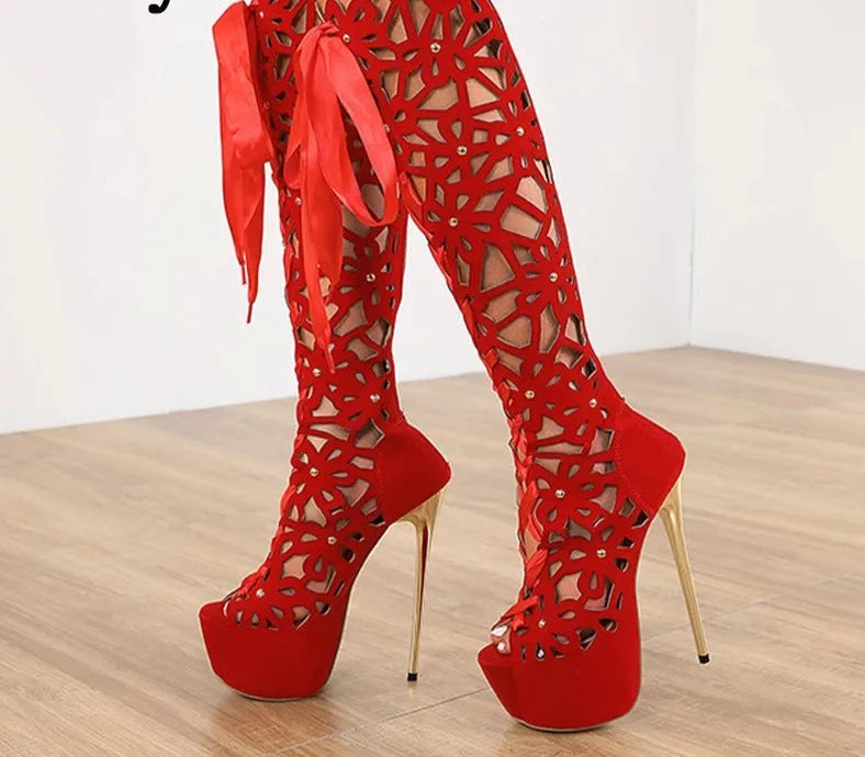 Ultra Thin High Heels Knee Boots Women Peep Toe Lace-Up Zip Platform