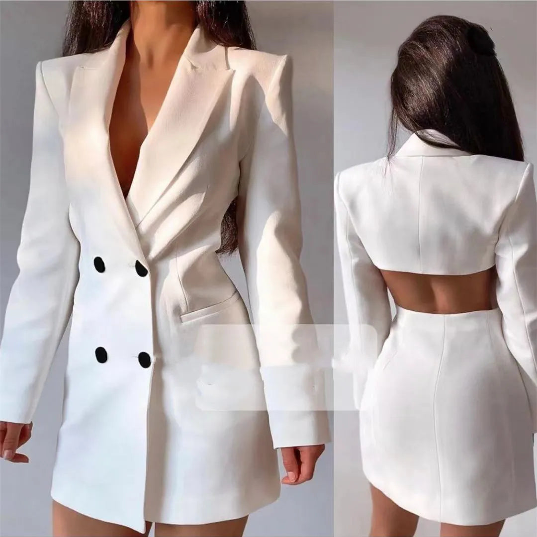 Women Elegant Blazer Solid Double Breasted Backless Long Sleeve Thin Slim Blazers Office Lady Fashion Suits