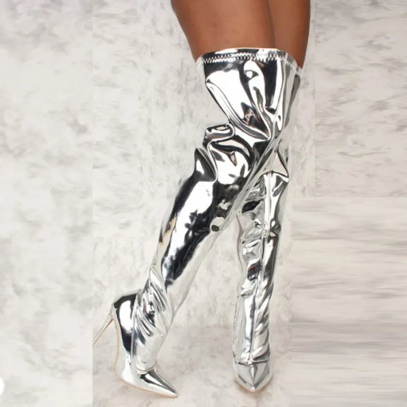 Silver Mirror Platform Over-the-Knee Women's Boots with Thin High Heels - Autumn/Winter Fashion Trend, Zipper Closure - Ideal for Casual Parties