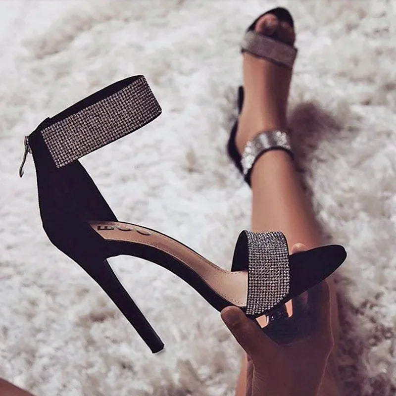 "Sparkle and Shine in 2023 with Ankle Strap Women's Sandals - Rhinestone Embellished, Thin High Heels, Gladiator Style - Perfect for Parties and Formal Occasions!"