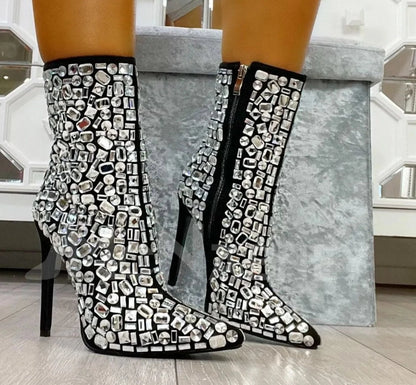 Elegant Crystal Heeled Boots with Rhinestones and Pointed Toe - Luxury Designer Style, Perfect for Banquets and Events - Stiletto Handmade Women's Boots