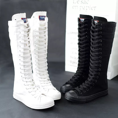 Women's High Top Canvas Sneakers with Lace-Up Zipper - Comfortable Flat Boots for Spring and Autumn, Tenis Feminino