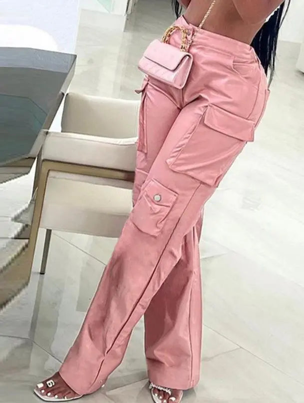 Casual Straight Leg Pu Leather Pants for Women 2023 New Summer Plain Pocket Design High Waist Fashion Trousers Female