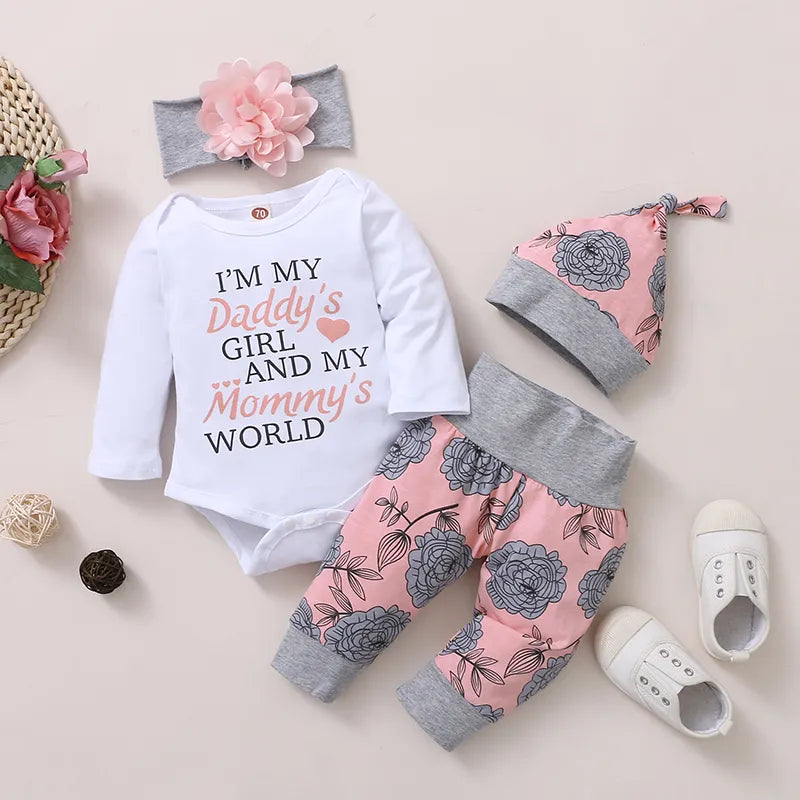 Newborn Baby Girl 4-Piece Spring Outfit - Long Sleeve Romper, Rose Pant, Hat, and Headband (0-18 Months)