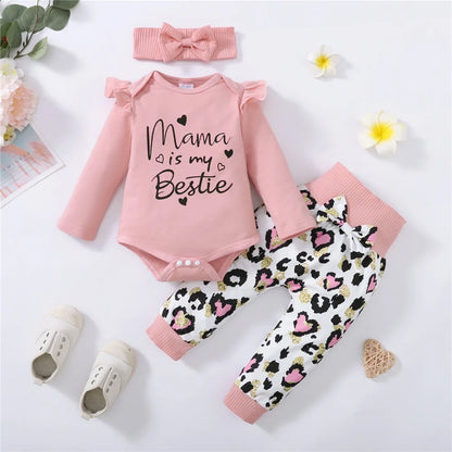 Clothes Set with Mama Print Romper Top, Love Heart Print Pant, and Headband - Cute Autumn Outfit