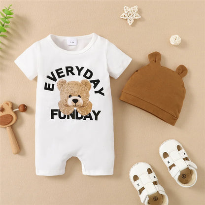 0-12Months Newborn Baby Boy Romper Animal Panda Bear Short Sleeve Jumpsuit + Hat 2PCS Infants Clothes Summer Fashion Bodysuit