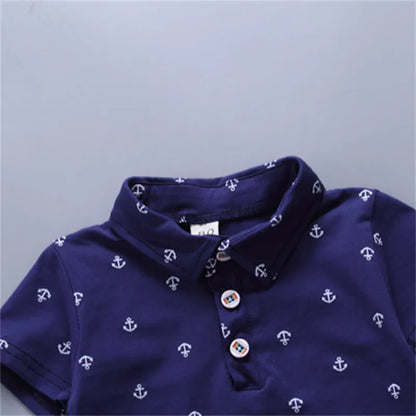 2PCS Baby Set Children's Summer Fashion Random Print Boat Anchor Pattern Short Sleeve Shorts Set