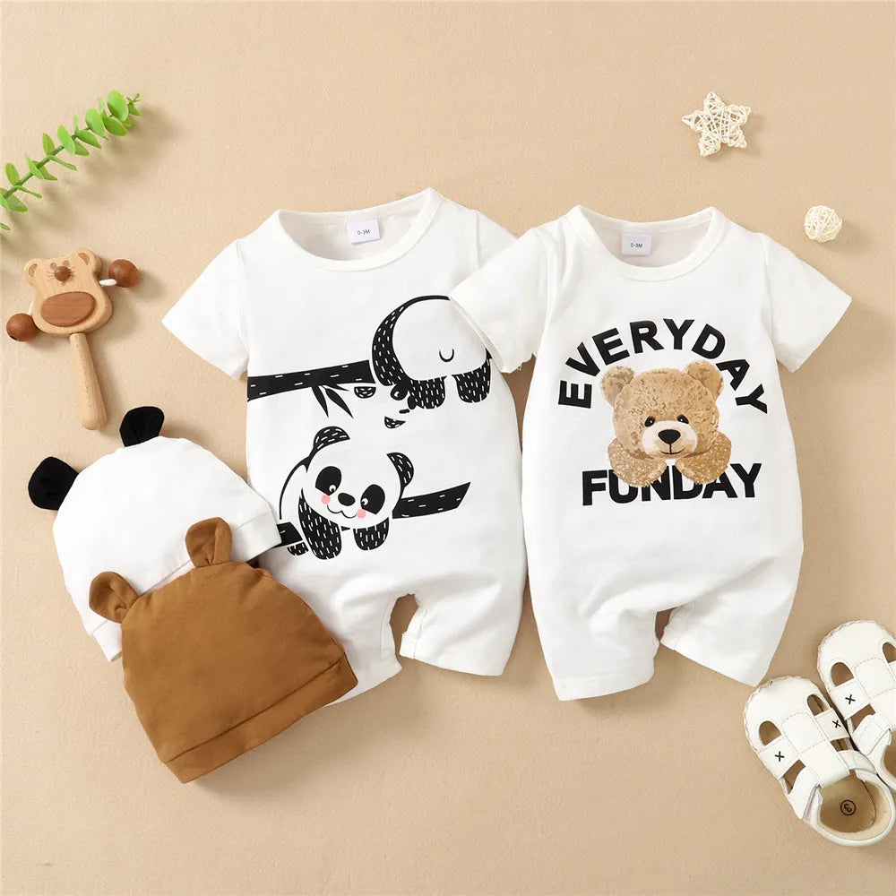 0-12Months Newborn Baby Boy Romper Animal Panda Bear Short Sleeve Jumpsuit + Hat 2PCS Infants Clothes Summer Fashion Bodysuit