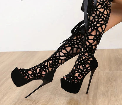 Ultra Thin High Heels Knee Boots Women Peep Toe Lace-Up Zip Platform