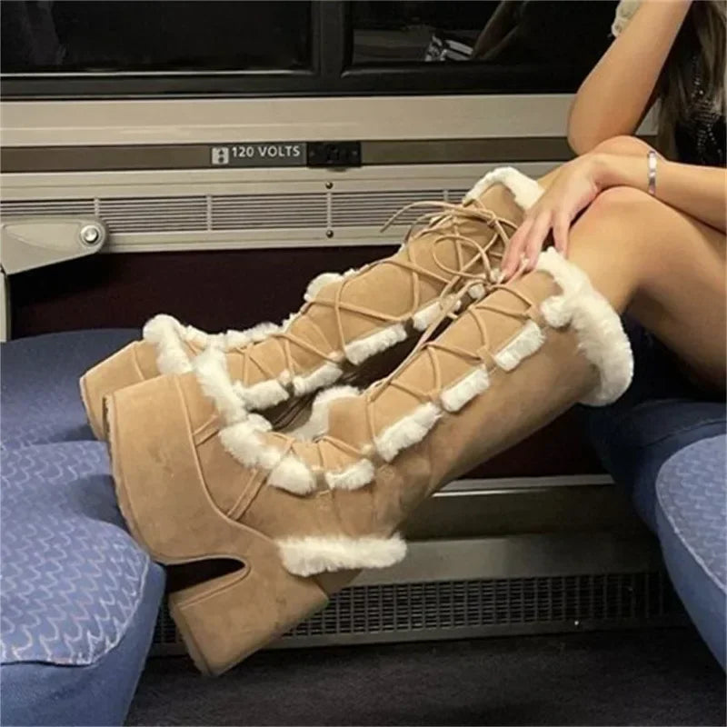 elegant winter husky  Wedge High Heel Faux Fur  Plush Warm Non-slip boots