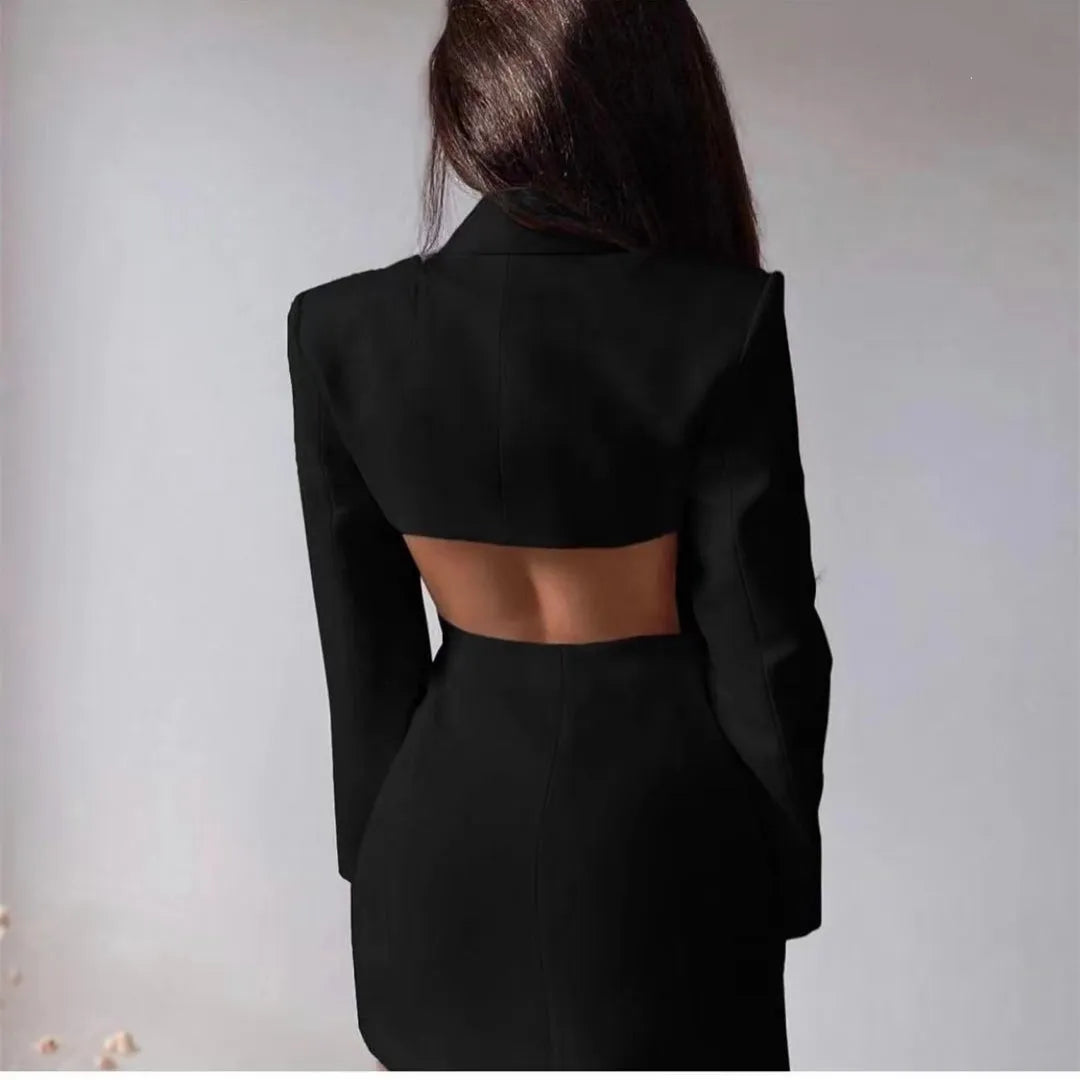 Women Elegant Blazer Solid Double Breasted Backless Long Sleeve Thin Slim Blazers Office Lady Fashion Suits