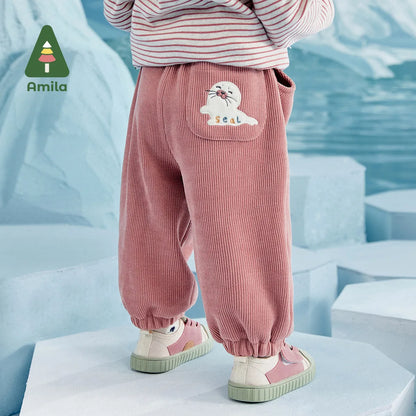 Warm Winter Padded Baby Pants - Unisex, Solid Color, Cartoon Pattern, Pocket, Casual Leggings