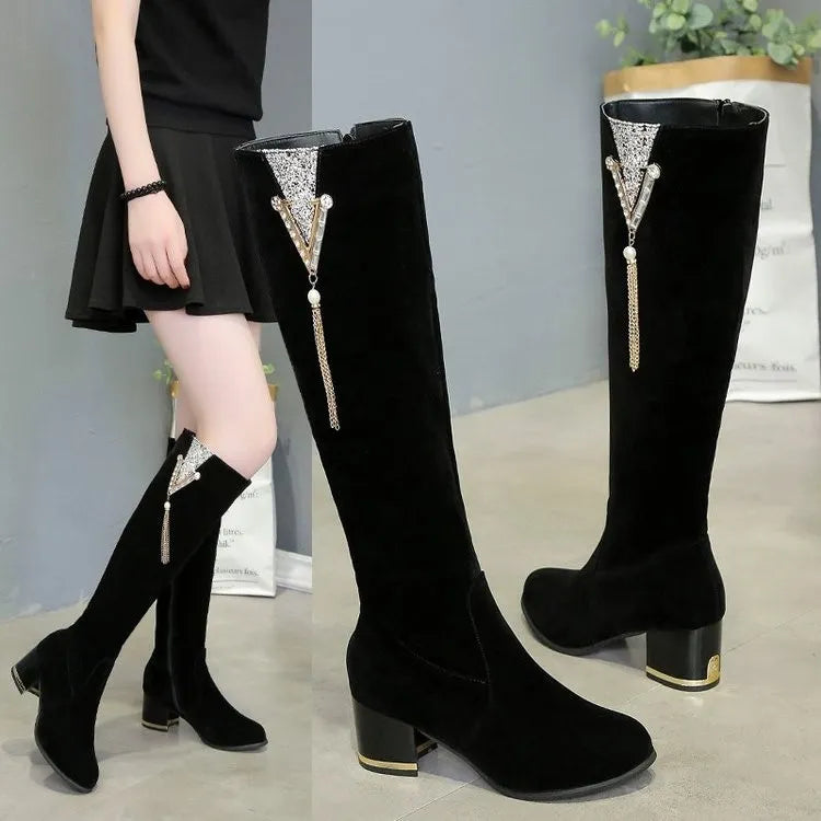 2023 Women's Fashion Rhinestone Knee-high Boots with Thick Heels and Zipper