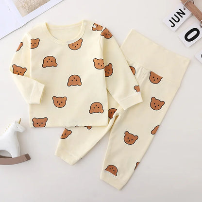 Cute Cartoon Baby Autumn Clothes- Little Bear Print Two-piece Pajamas Set, O-neck Tops + Trousers, Boy/Girl, Loose Fit, Cotton, 2pcs