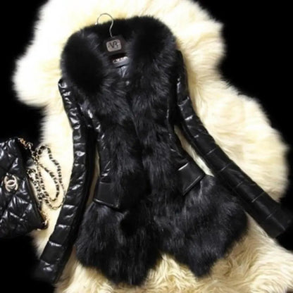 Faux Fur Collar Leather  Fleece Lining and Faux Rabbit Fur Trim - Winter Luxury Jacket