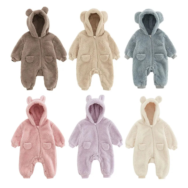 "Cozy Fleece Newborn Baby Rompers - Adorable Animal Theme - Suitable for 0-2 Years - Spring/Autumn - Warm and Comfortable - Easy-to-wear Overall Jumpsuits - Ideal for Baby Outings and Playtime"