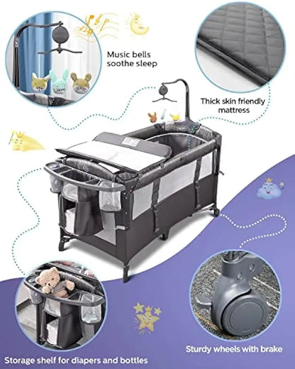 Baby Bassinet Bedside Crib with Mattress, Diaper Changer From Newborn to Toddler